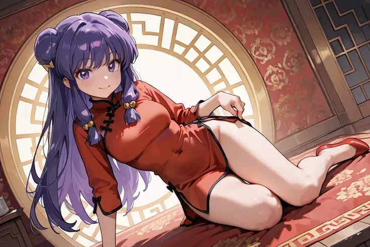 A highly detailed and  high resolution sweatshirt image of "Shampoo" [de ranma 1/2];  Chinese girl with long purple hair and twin bows; beautiful,sexual chair ornament; a ((red)) Chinese qipao (cheongsam) (Long shirt ) dress,  purple-eyed ; a red colored C...