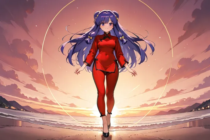 A highly detailed and  high resolution sweatshirt image of "Shampoo" [de ranma 1/2];  Chinese girl with long purple hair and twin bows; beautiful,sexual chair ornament; a ((red)) Chinese qipao (cheongsam) (Long shirt ) dress,  purple-eyed ; a red colored C...