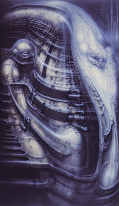 DARK BLACK COLORS, Giger_style, H. R. Giger's g1g3r, , Giger_style, The image is a detailed view of H.R. Giger's \" HRG Aleph \" plate, featuring ( The image depicts a surreal, intricate artwork featuring two humanoid figures with mechanical or industrial ...