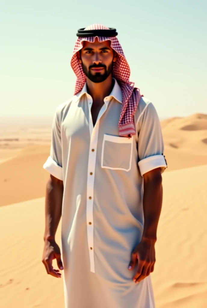 Create a handsome Arab man standing in the desert wearing a white shirt and a scarf on his head