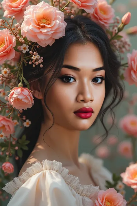 Beautiful girl surrounded with flowers, head overflowing with flowers, dreamy effect, pastel colors.