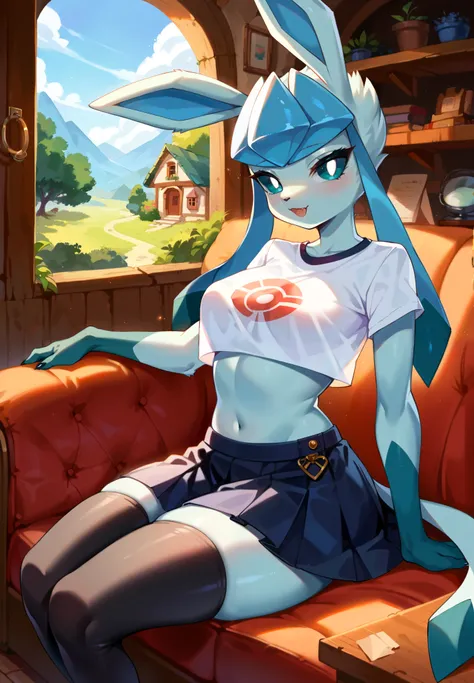 source_furry, BREAK, furry, anthro, 1girl, Glaceon, Pokemon, blue hair, crop top, piercings, thigh highs, skirt, sitting on a couch, sexy pose, lustful, BREAK, night time, mountain cottage, cinematic lighting,