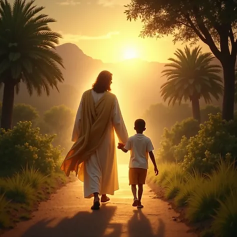 Image of Jesus,glowing in divine light walking alongside a black-skinned african boy on a road with beautiful trees on both side and mountain view in the distance ,set under a warm sunset.As seen from behind,the image gives a sense of peace and fatherly lo...