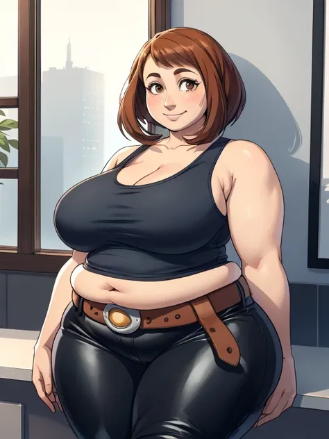 (masterpiece:1.2, best quality:1.2), perfect lighting, detailed face, mature face, ((1girl)), ((solo)), Imagine Ochaco Uraraka as an adult, 45 years old, motherly, mom, MILF, slight wrinkles around the face, chubby round face, plus sized milf, short brown ...