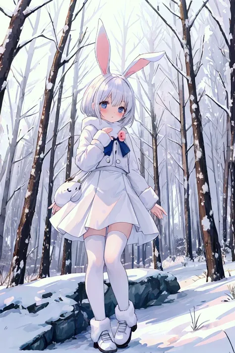 rabbit woman, rabbit ears, cute aspect, innocent face, innocent,, white short hair, white snow clothes, short skirt, leggins,, snow, snowy forest, winter