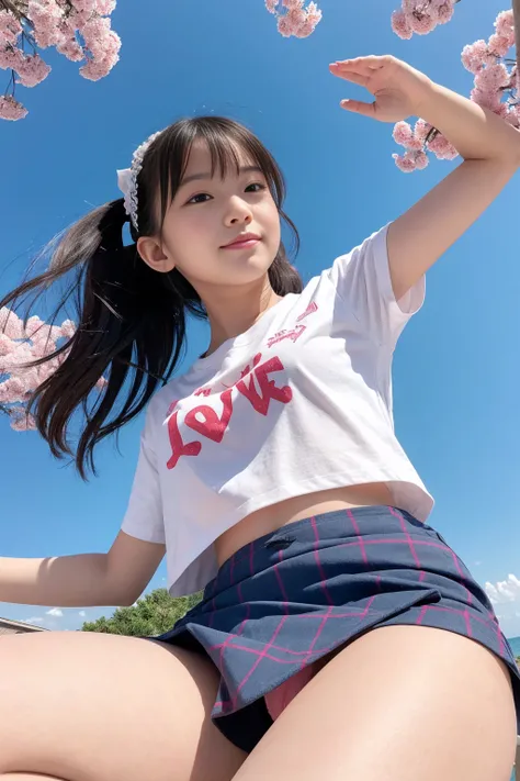 ((Immoral Immoral Low Angle Shot [1.4)),(( 最 high quality )), ((Masterpiece)), (  are familiar),   perfect face,  Japanese ,,  girl ,  cute,  elementary school students , Private elementary school ,uniform, Short sleeveブラウス,  plaid miniskirt bangs ,  schoo...