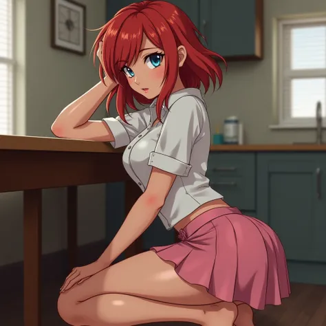  attractive young woman, by Rubio,  blue eyes, short pink skirt,  white shirt,  big ass,  forward inclination, not , not , masturbate , crouched, ,   show off your butt ,  leaning against a table , squat,not Cabelo comprido,  red hairFeet out of frame, 