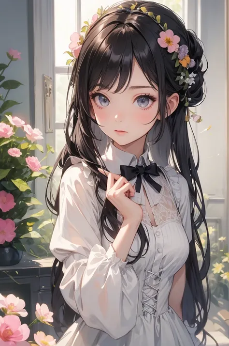   彼女はflowerのような形の緑の目をした少女です,    Lolita Fashion  、   Lolita Dress   、かわいい Lolita Fashion 、 flower柄ドレス 、   she has long curly hair tied in two   ,    her hair is gray with black highlights    .    Girl with sheer sleeves     ,    on the tip of her dress    /...