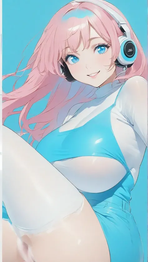  minimalist，stylish girl， pink hair with crotch， blue solid color background， eyelashes are clear，  bright blue eyes  ， clean, clear eyes ， flat illustration of a smiling face 、clean、whole body、 big breasts、 slim、 Max Image Quality、Put on white headphones、...