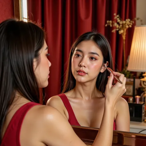 Here is an enhanced version of your prompt:

" A woman putting on makeup in front of a mirror in a room decorated with a luxurious palette of red colors.  The scene is ultra-realistic , capturing advanced makeup details ,  soft lighting and the woman's con...