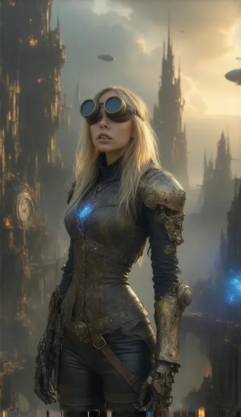 A fierce blonde warrior girl in a detailed steampunk outfit, wearing a brass and leather corset with intricate gears, goggles resting on her forehead, and a mechanical arm with glowing blue energy. She stands confidently in a gritty, industrial steampunk c...