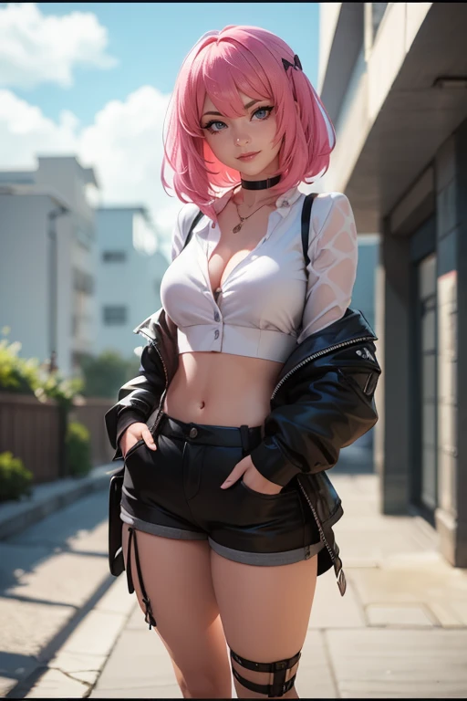 arafed woman with pink hair and a white shirt and black shorts, anime style. 8k, realistic anime 3 d style, anime style 4 k, realistic anime artstyle, anime realism style, 3 d anime realistic, realistic anime art style, realistic artstyle, artwork in the s...