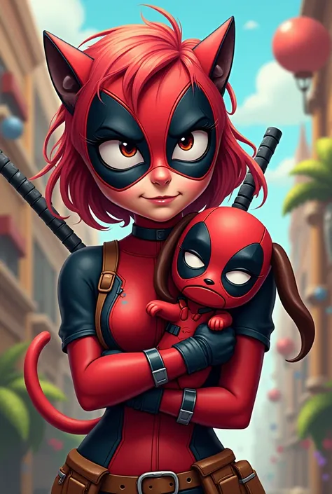 Create a character Vila in cartoon format with Deadpool's dogpool in her arms and with a bad face 