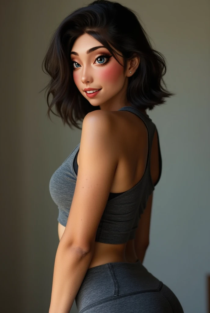 Female, 40B cup breasts, wearing shirt and yoga pants, beautiful detailed eyes, beautiful detailed lips, extremely detailed face and eyes, long eyelashes, 1 woman, brown hair, A-line bobcut hair, looking at viewer over shoulder, high quality, cinematic com...