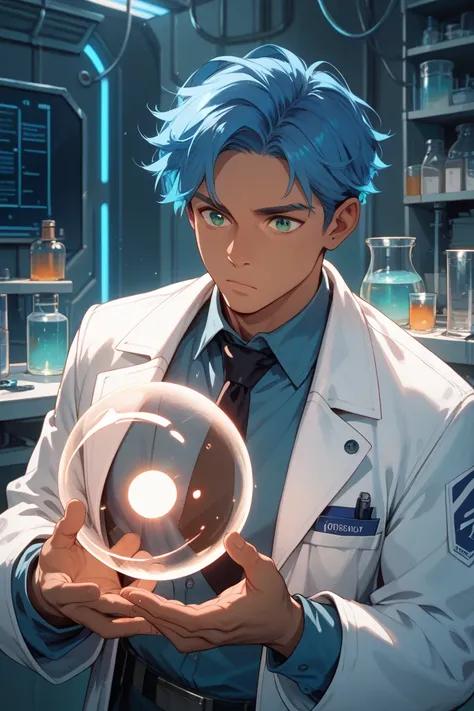 
A man with blue hair and green eyes, brown skin, scientist's coat, in a technological room, holding a glowing orb, curious expression