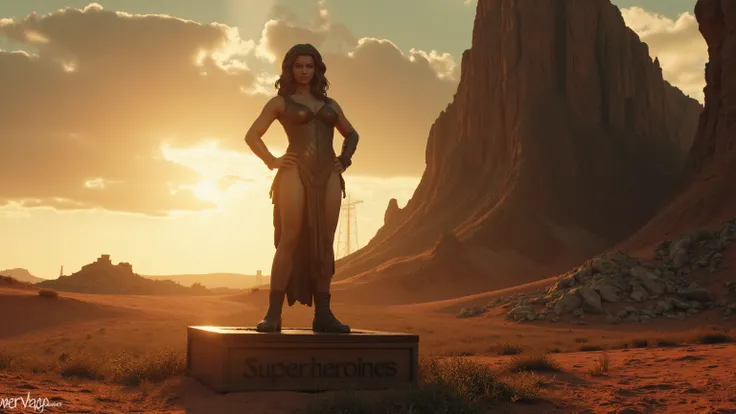 In a ravaged post-apocalyptic landscape, a majestic bronze statue of a fierce warrior woman stands tall, her beautiful face rendered in exquisite detail. The setting sun casts long shadows across the red sand-covered terrain, where cracked earth stretches ...