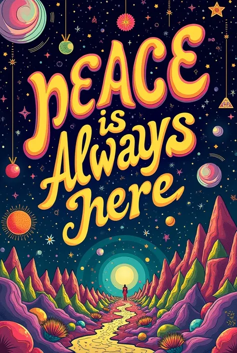 In 1960s psychedelic script font, text and graphics for 1967 psychedelic classic poster, "Peace is Always Here" with text and graphic