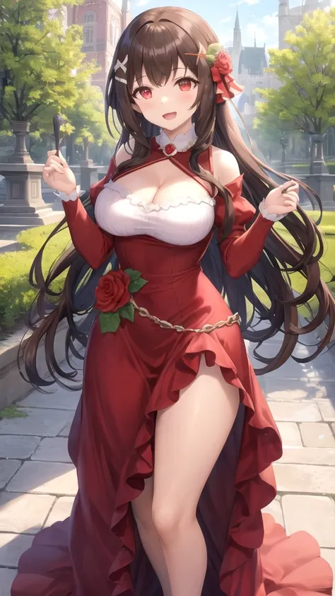 Masterpieces, Best Quality, girl, looking at viewer,, Brown hair, solo, long hair, hair ornament, x hair ornament, red eyes, large breasts, princess connect Re:Dive cosplay, princess Dress, standing, smile, open mouth, outdoors 