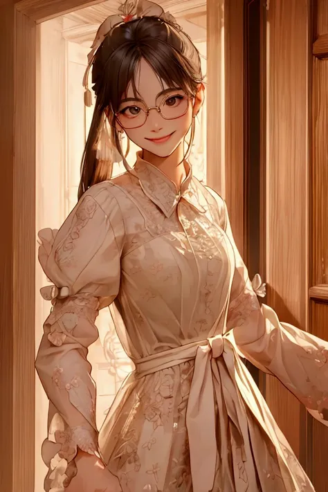 (( top quality)), ((傑 top quality、 Masterpiece、High sensitivity、 high resolution、 detailed depiction of up to the front door、 delicate face with a playful smile))Slender Woman、Glasses、With a shy smile、