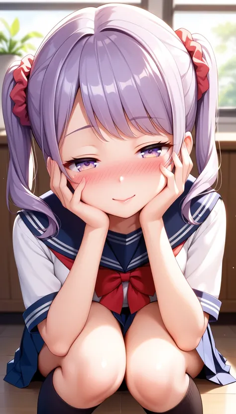 (16k,(masterpiece:1.3),best quality,beautiful,Ultra detailed,extremely detailed, highly detailed beautiful face and eyes, beautiful detailed eyes), 16yo, purple hair, swept bangs, twintails, medium hair, light purple eyes, hair red Scrunchie, (medium breas...