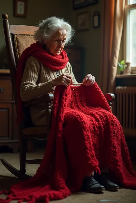 Produce a cozy old woman,  sitting on a rocking chair, in a dimly lit room, knitting a gigantic red scarf