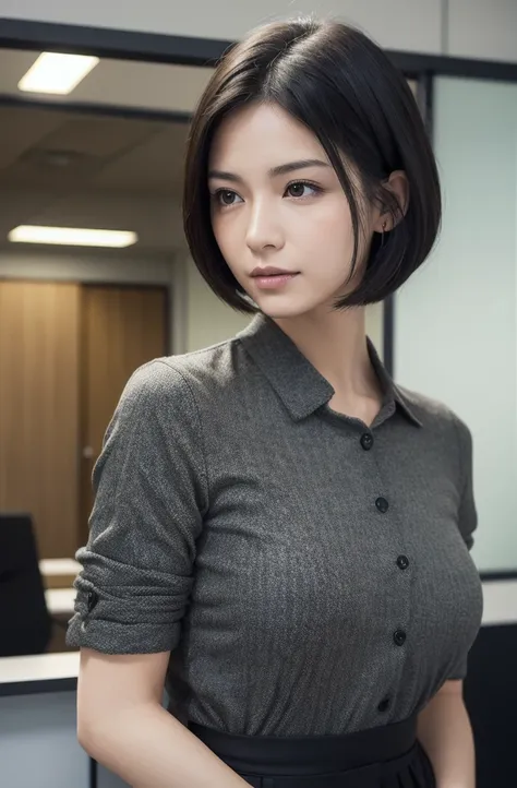  high resolution,( photorealistic: 1.4,RAW shooting),  office, woman, front, upright,  short hair,  black hair,  realistic skin and texture ,  officeスーツ