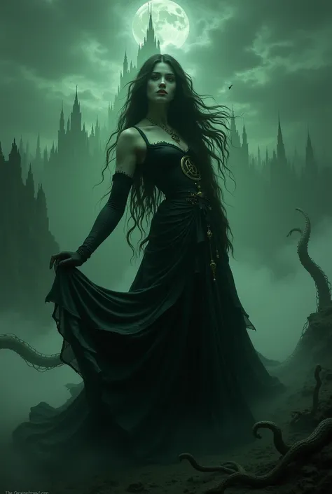 "A mesmerizing and mysterious woman inspired by the universe of H.P. Lovecraft. Her beauty is otherworldly, almost hypnotic, with an eerie pale skin that seems to glow under the greenish moonlight. Her long ebony hair flows as if moved by an invisible forc...