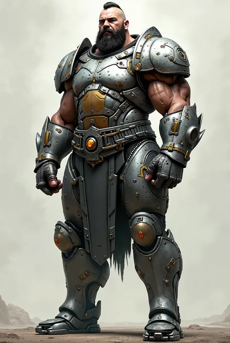 Muscular barbarian in metallic mecha armor    ,  metal inserts on armor, high resolution,   detail,   masterpiece,  stand at full height 