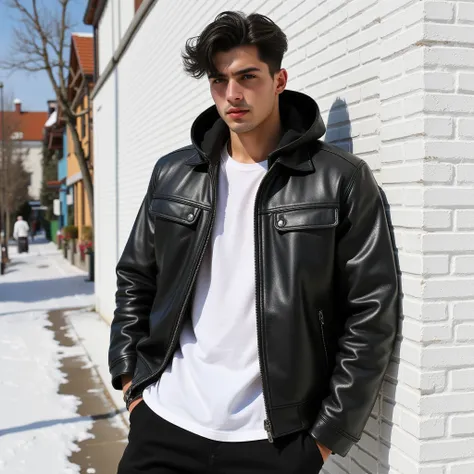 A big shoulders muscles, muscular, very tall handsome young man. He has a beautiful face and eyes and beautiful long square face shaped , and black slight messy wavy hair. He wears a dark black hooded casual leather jacket layered with a white T-shirt and ...