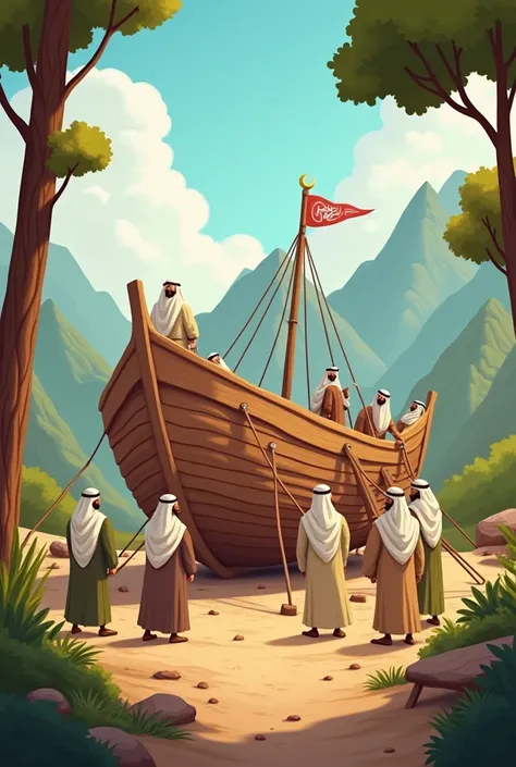  Draw cartoon-style men in Islamic robes building Noah's ark,nature around, mountains trees in brownish tones. faces shouldn't be visible 
