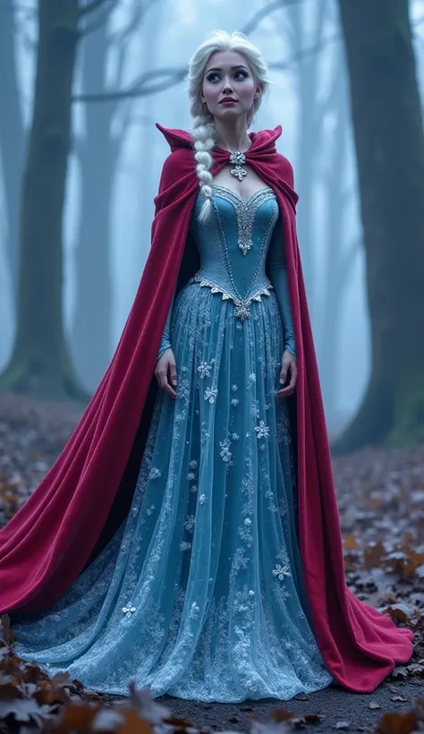 Generate a full-body, ultra-realistic image of a hybrid princess merging Elsa’s magical, crystalline elegance with the daring allure of Little Red Riding Hood. The princess should boast a stunning, one-of-a-kind costume that interweaves icy, crystalline pa...