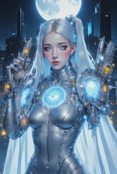 Cinderella stands as a bold and futuristic anime heroine in a shimmering cyberpunk warrior fusion suit. The suit is a stunning blend of metallic silver and sky blue, with glowing glass-like armor pieces on her shoulders, arms, and boots, evoking the feel o...