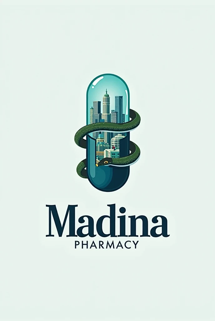 I want a loco for my city pharmacy and the shape of a capsule inside it is a city with a snake wrapped in it