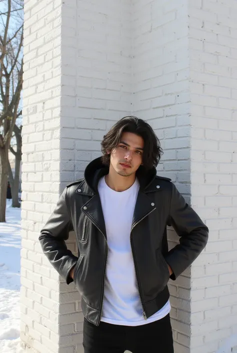 A big shoulders muscles, muscular, very tall handsome young man. He has a beautiful face and eyes and beautiful long square face shaped , and black slight messy wavy hair. He wears a dark black hooded casual leather jacket layered with a white T-shirt and ...