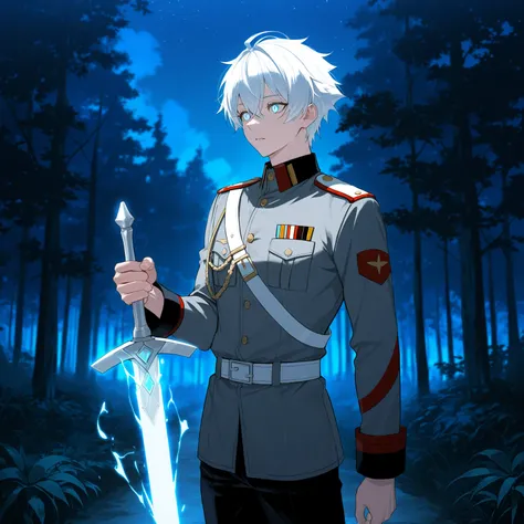 BEST QUALITY, ULTRA DETAILED, PERFECT ANATOMY, HIGH DEFINITION, INQUIRIED DETAILS, ALONE, 1 boy, short white hair, light cyan eyes, toned. Military uniform: gray shirt with white buttons, long sleeves, loose black pants, white belt. He is holding a silver ...