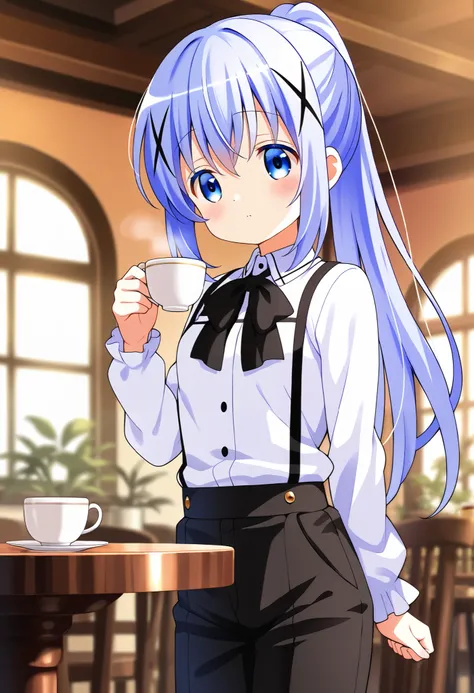 {long sleeve shirt}, {black bow tie}, {black suspenders}, {black long pants}, ponytail, {cross-dressing }, serious face ,1girl,Very cool ,small breasts ,Junior high school student, one woman ,kafuu chino, Original style, Very high quality, soft to the touc...