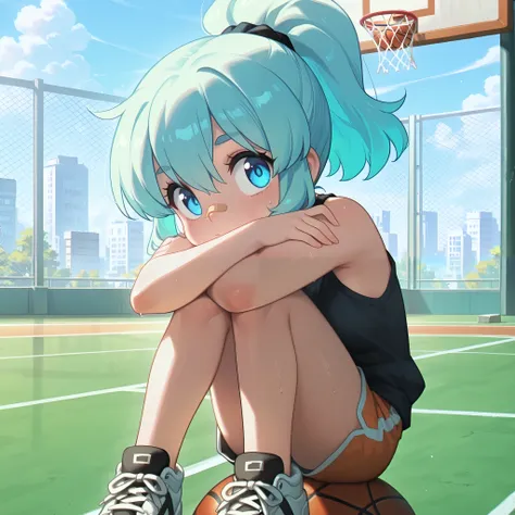 Score_9, score_8_up, score_7_up, masterpiece, best quality, amazing quality, very aesthetic, high resolution, ultra-detailed, absurdres, newest, Anime screencap, highly detailed, high quality, hyper-Detailed, mistico_IL. BREAK. 
Girl sitting on basketball,...