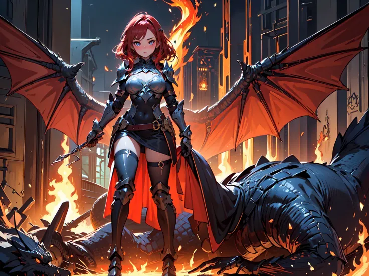 (((masterpiece, best quality, high detailed, 16k))) (1girl) A dangerously seductive woman with cascading red hair and smoldering amber eyes. She wears a revealing, flame-licked armor that clings to her every curve. Her dragon-like wings are fiery red, and ...