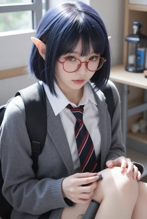 Short asian woman in high school uniform. She has elf ears. Wears red rimmed glasses. Hair dark blue and short. She seems shy. Carries a pistol by her right thigh. Wears an earpiece for communication