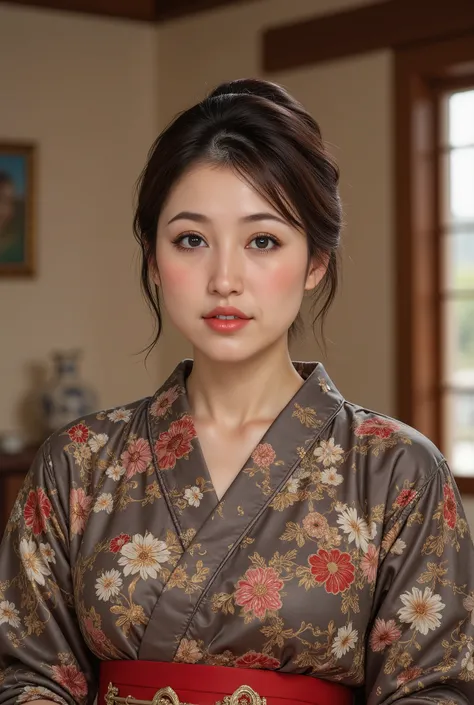 best quality, masterpiece, super high resolution, beautiful Japanese mature woman, Kind Face, green eyes, kind smile, Curvy Body, big boobs, updo brown hair, Japanese female Cloth Outfit, Japanese kimono, In Old Japanese-style Room, night:1.2,