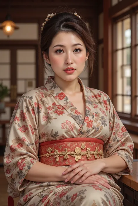 best quality, masterpiece, super high resolution, beautiful Japanese mature woman, Kind Face, green eyes, kind smile, Curvy Body, big boobs, updo brown hair, Japanese female Cloth Outfit, Japanese kimono, In Old Japanese-style Room, night:1.2,