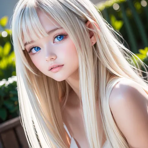  very beautiful white beautiful girl with super long bright blond hair 、The world's most perfect ultimate beautiful, extraordinary beauty 、 very bright baby ice that shines so beautifully, big white and blue eyes、, very bright iris with thin pigment 、bangs...