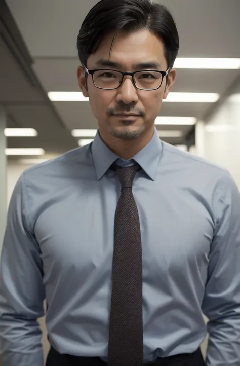  high resolution,( photorealistic: 1.4,RAW shooting),  office, Senior man, front, upright,  short hair,  black hair,  realistic skin and texture ,  officeスーツ, I'm wearing glasses