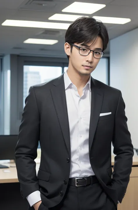  high resolution,( photorealistic: 1.4,RAW shooting),  office, male, front, upright,  short hair,  black hair,  realistic skin and texture ,  officeスーツ, I'm wearing glasses