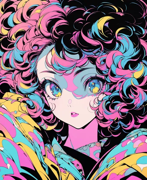 (highest quality:1.2, City Pop Style, Very detailed, up to date, Vibrant, High Contrast, masterpiece:1.2, highest quality, Best aesthetics), girl, ((Face Up Shot:1.4)), Colorful Hair, Bobcut, pastel colour, 1980s style, ((Retro, Vintage, Solid color backgr...