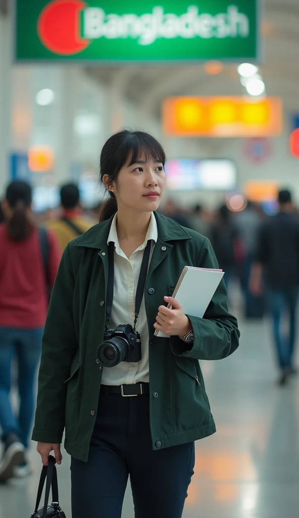 "A Chinese journalist arriving at an airport in Bangladesh, carrying a camera and a notepad, looking around curiously."