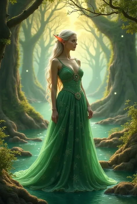 Now I want you to keep up with Ligh Fantasy, but I want a beautiful female elf with a related environment, now in a legendary dress. 