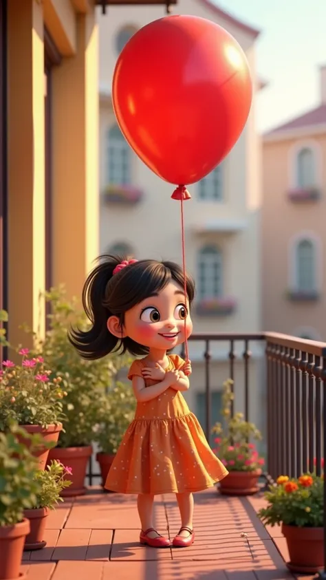 The red balloon finally gently descends onto the balcony of Lili's apartment, who hugs it smiling. Pixar-style animation