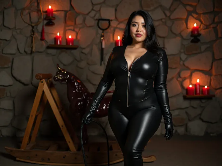 Close-up、Clear 4k quality photos,(A young, beautiful woman from South Korea who is a plus-size model and embodies Asian beauty:1.5）, leather full body catsuit with knee-high boots and long gloves, dominatrix,  (A cold smile),  (  is staring at the camera )...