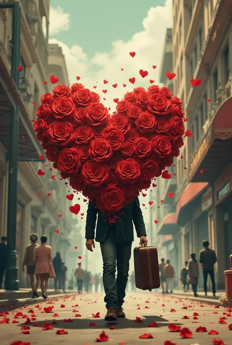 Make an illustration of a man passing through a street with a suitcase where his heart goes full of traces of sensual women with flower heads (rose),   symbolizing the phrase  "Amores de Mi Calle "